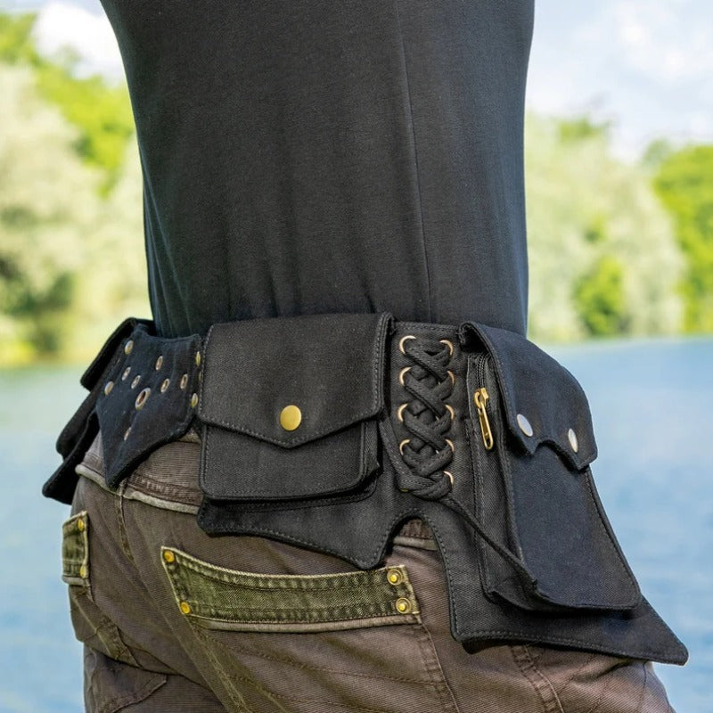 Darkwave multi-layer crossbody bag in washed black PU leather with matte hardware and adjustable strap from Alternative Darkwear