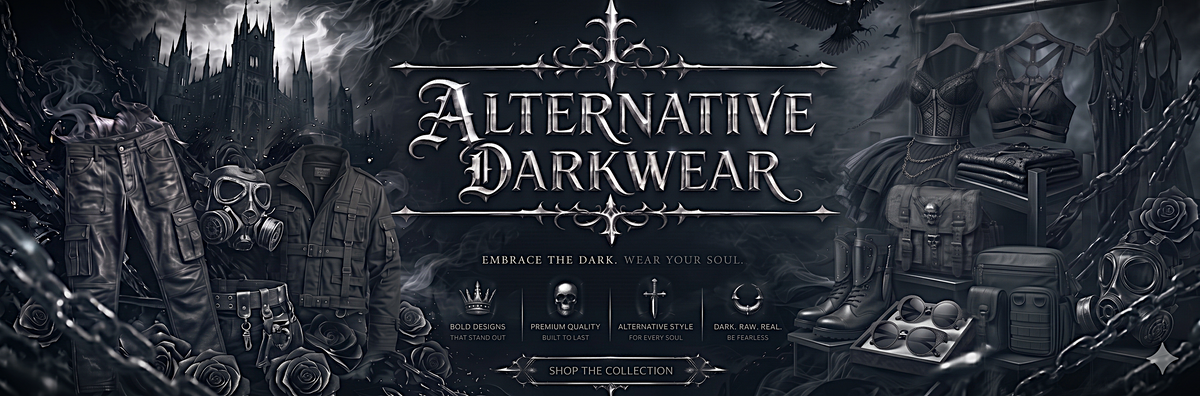 Alternative-Darkwear- Industrial-Fashion-store-banner-showing-alternative-clothes-set-up-as-a-store featuring black platform boots. Dresses, sunglass, bag backs, shoulder bags and much more.