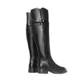 Back view of women's black over-the-knee leather boots with buckle strap and side zipper, dark feminine style, Alternative Darkwear