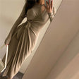 Beige cotton gothic wrap dress women V-neck long sleeve tie front midi length Alternative Darkwear