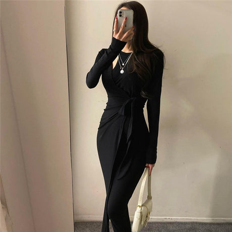 Beige gothic wrap midi dress women long sleeve V-neck tie waist editorial dark fashion Alternative Darkwear