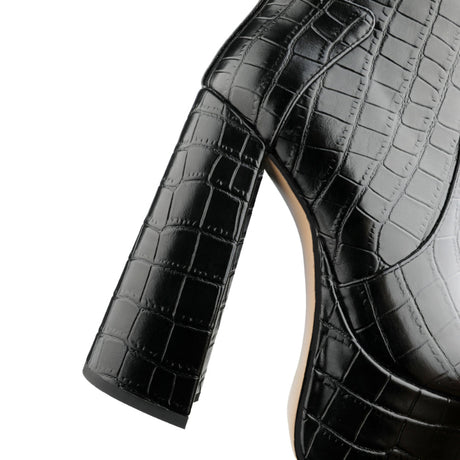 Black PU croc emboss chunky block heel platform base close-up dark fashion boot | Alternative Darkwear