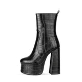 Black PU croc emboss platform block heel boot side zip round toe darkwear fashion | Alternative Darkwear