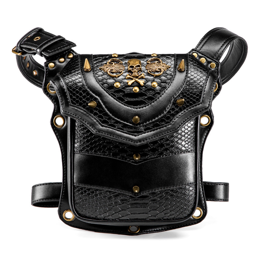 Black PU gothic skull crossbones waist bag spike rivets grommet detail snake emboss | Alternative Fashion