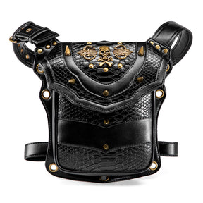 Black PU gothic skull crossbones waist bag spike rivets grommet detail snake emboss | Alternative Fashion