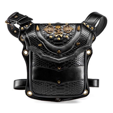 Black PU gothic skull crossbones waist bag spike rivets grommet detail snake emboss | Alternative Fashion