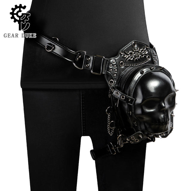 Waist skull bag worn on hip with adjustable belt strap