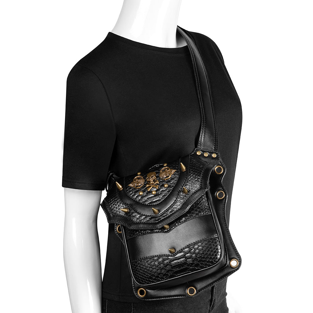 Black PU skull waist bag worn crossbody snake emboss rivets spike hardware gothic fashion | Alternative Darkwear