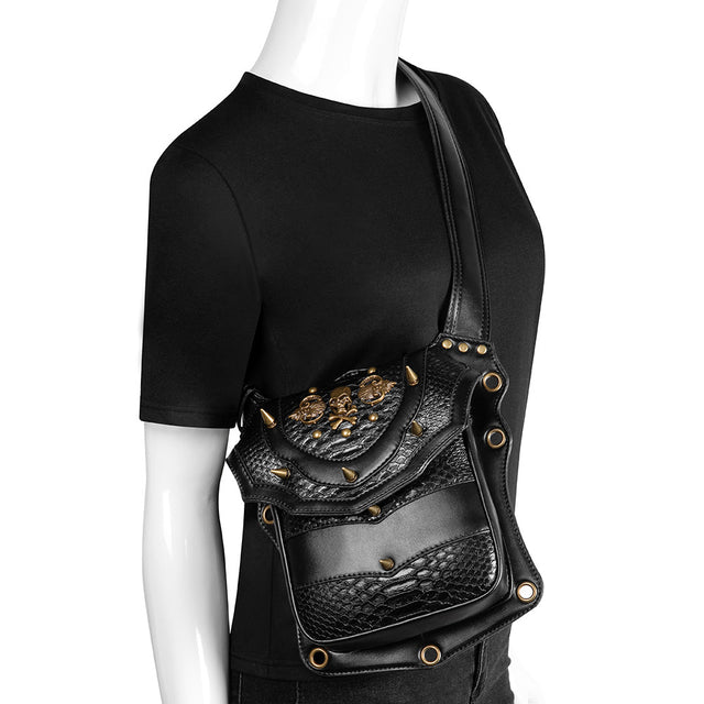 Black PU skull waist bag worn crossbody snake emboss rivets spike hardware gothic fashion | Alternative Darkwear