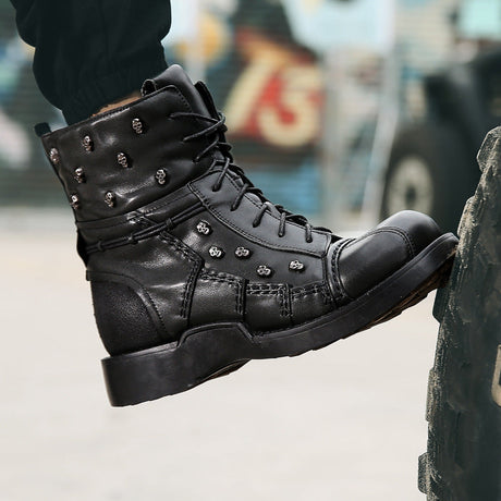 Black cowhide leather skull rivet Martin boots lace-up high top rubber sole | Darkwear Fashion