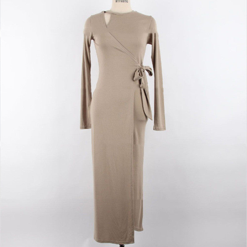 Black gothic long sleeve wrap dress women tie front V-neck slim fit back view Alternative Fashion