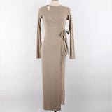 Black gothic long sleeve wrap dress women tie front V-neck slim fit back view Alternative Fashion