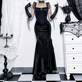 Black gothic mermaid dress women dramatic hem flare side view Darkwear Fashion