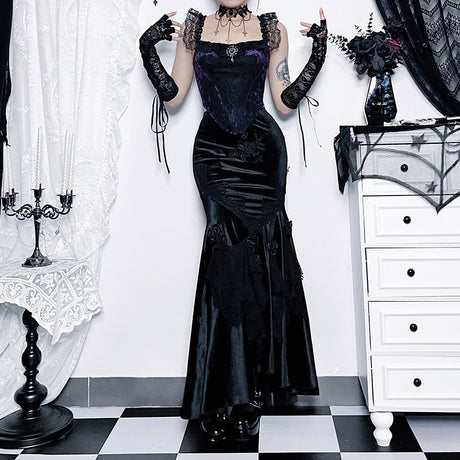 Black gothic mermaid dress women dramatic hem flare side view Darkwear Fashion