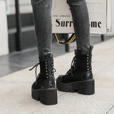 Black gothic platform combat boot women back view lace-up silver eyelets chunky platform sole Alternative Darkwear