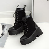 Black gothic platform lace-up combat boot women suede patent leather pair detail chunky sole Darkwear Fashion