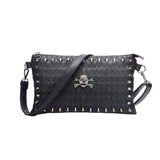 Black gothic skull crossbones crossbody clutch women PU rivet border silver hardware shoulder strap Darkwear Fashion