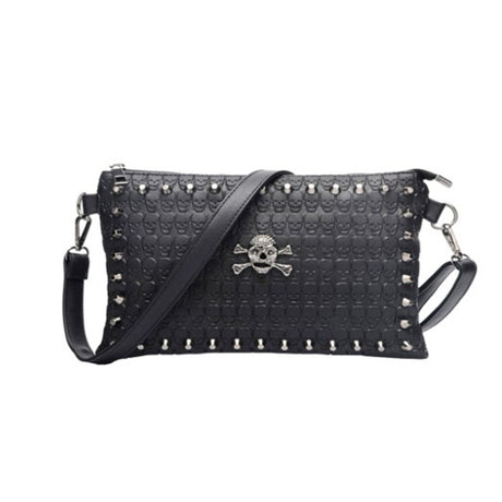 Black gothic skull crossbones crossbody clutch women PU rivet border silver hardware shoulder strap Darkwear Fashion