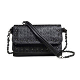 Black gothic skull emboss crossbody bag women PU rivet studs gunmetal chain strap flap closure Alternative Darkwear