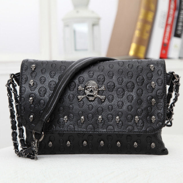 Black gothic skull emboss crossbody bag women detail view rivet studs chain strap flap PU Alternative Darkwear