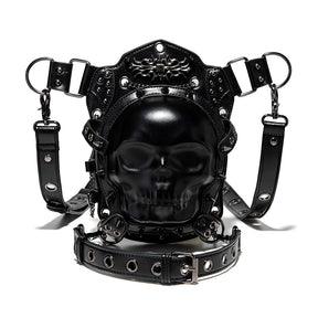 Front view — full bag detail showing skull face, studs, chains, D-rings