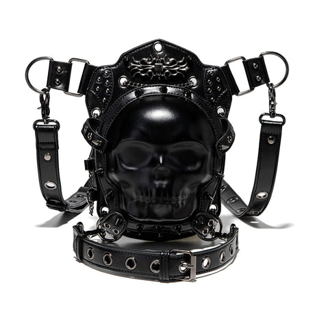 Front view — full bag detail showing skull face, studs, chains, D-rings