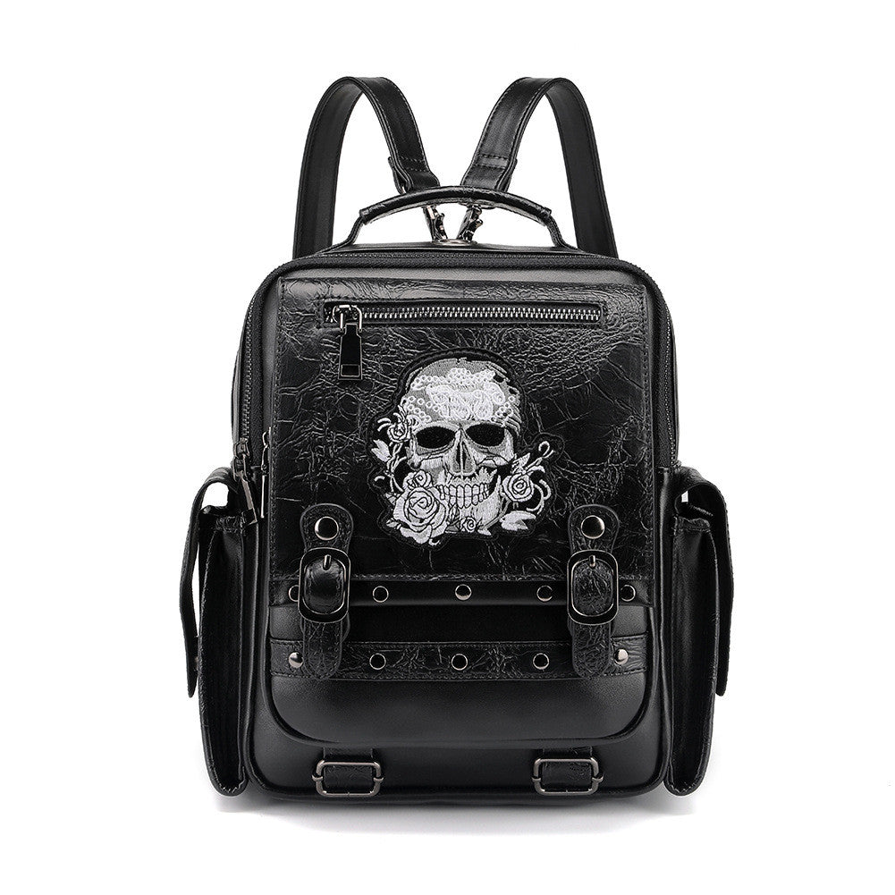 Black gothic skull rose embroidered backpack women PU crinkle stud buckle strap large capacity Alternative Darkwear