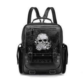 Black gothic skull rose embroidered backpack women PU crinkle stud buckle strap large capacity Alternative Darkwear