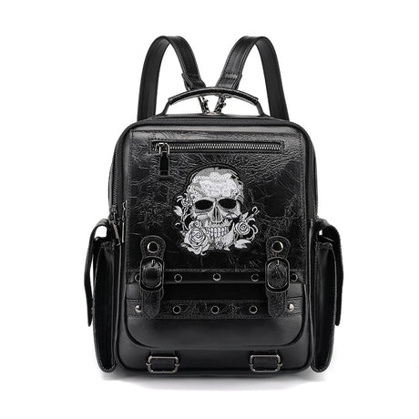 Black gothic skull rose embroidered backpack women PU crinkle stud buckle strap large capacity Alternative Darkwear