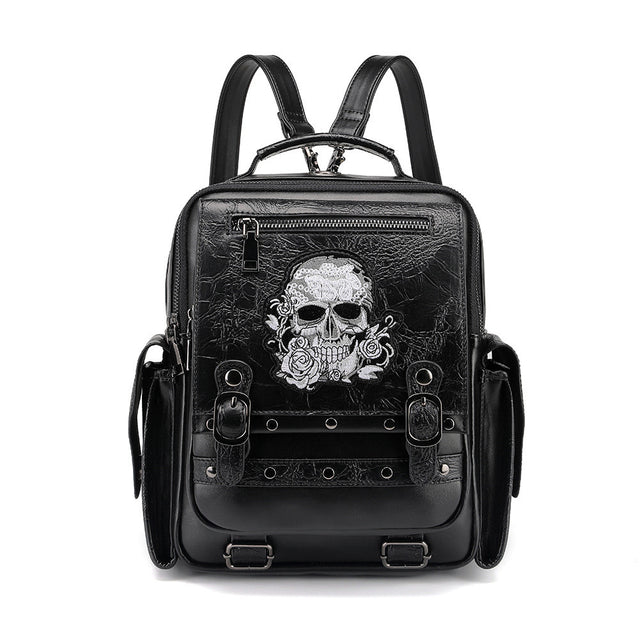 Black gothic skull rose embroidered backpack women PU crinkle stud buckle strap large capacity Alternative Darkwear