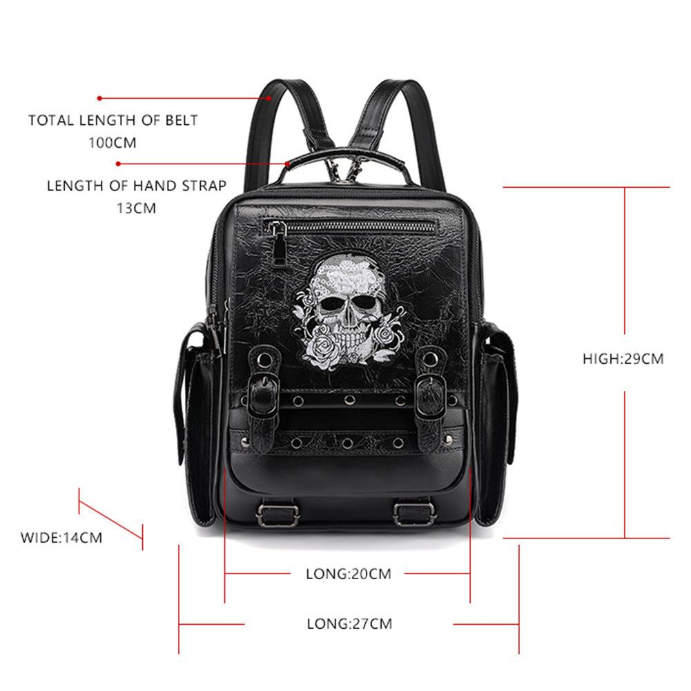 Black gothic skull rose embroidered backpack women dimensions 29x27x14cm stud buckle strap PU Darkwear Fashion