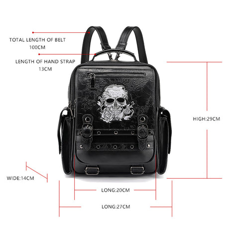 Black gothic skull rose embroidered backpack women dimensions 29x27x14cm stud buckle strap PU Darkwear Fashion