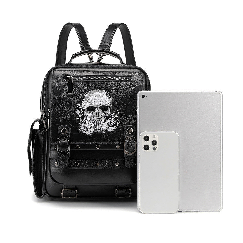 Black gothic skull rose embroidered backpack women on-model styled darkwear fashion PU large Darkwear Fashion