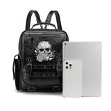 Black gothic skull rose embroidered backpack women on-model styled darkwear fashion PU large Darkwear Fashion