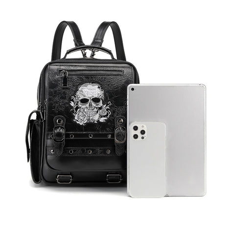 Black gothic skull rose embroidered backpack women on-model styled darkwear fashion PU large Darkwear Fashion