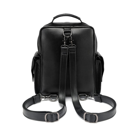 Black gothic skull rose embroidered backpack women side view PU crinkle stud eyelet trim Alternative Darkwear