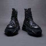 Black high-top Martin boots lace detail thick sole gothic motorcycle style alternative darkwear image. 