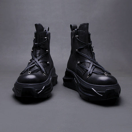 Black high-top Martin boots lace detail thick sole gothic motorcycle style alternative darkwear image. 