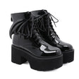 Black patent gothic bat wing ankle boot women chunky platform block heel lace-up round toe Alternative Darkwear