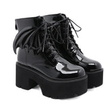 Black patent gothic bat wing ankle boot women chunky platform block heel lace-up round toe Alternative Darkwear