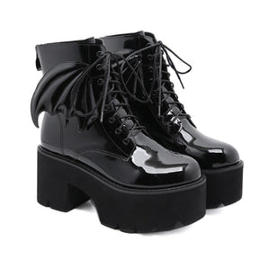Black patent gothic bat wing ankle boot women chunky platform block heel lace-up round toe Alternative Darkwear