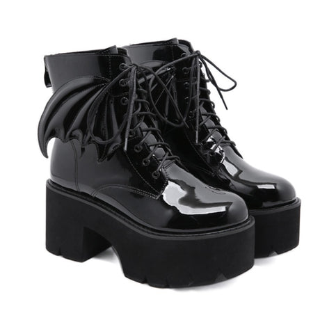 Black patent gothic bat wing ankle boot women chunky platform block heel lace-up round toe Alternative Darkwear