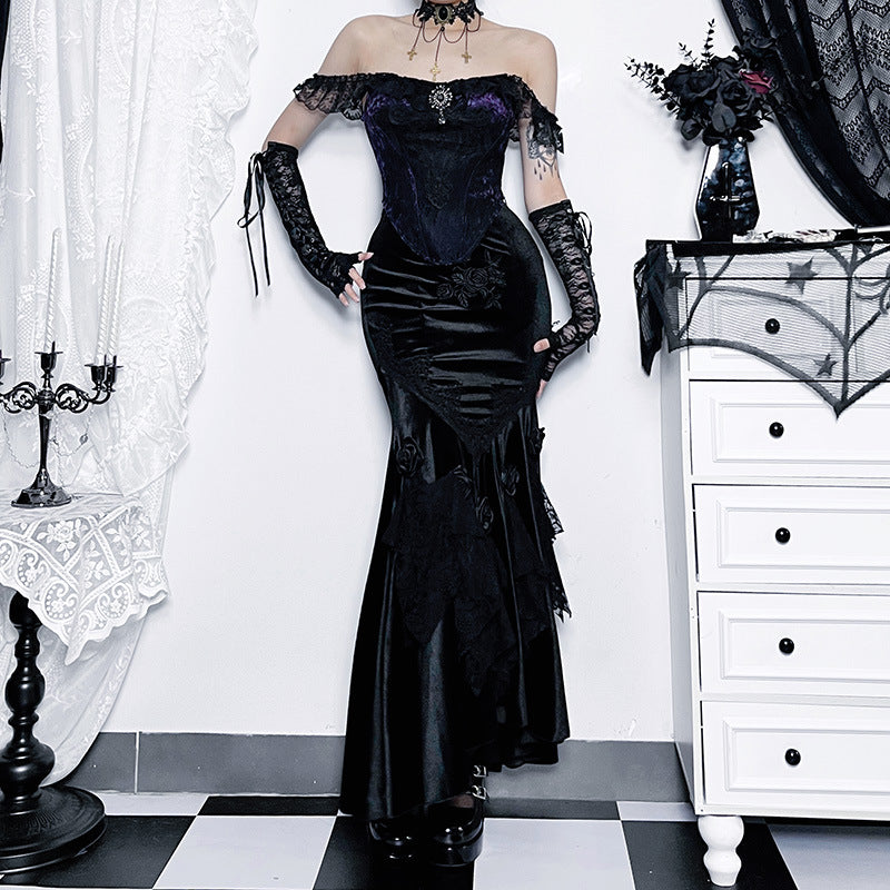 Black polyester gothic fishtail dress slim sheath silhouette front view Alternative Darkwear