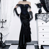 Black polyester gothic fishtail dress slim sheath silhouette front view Alternative Darkwear