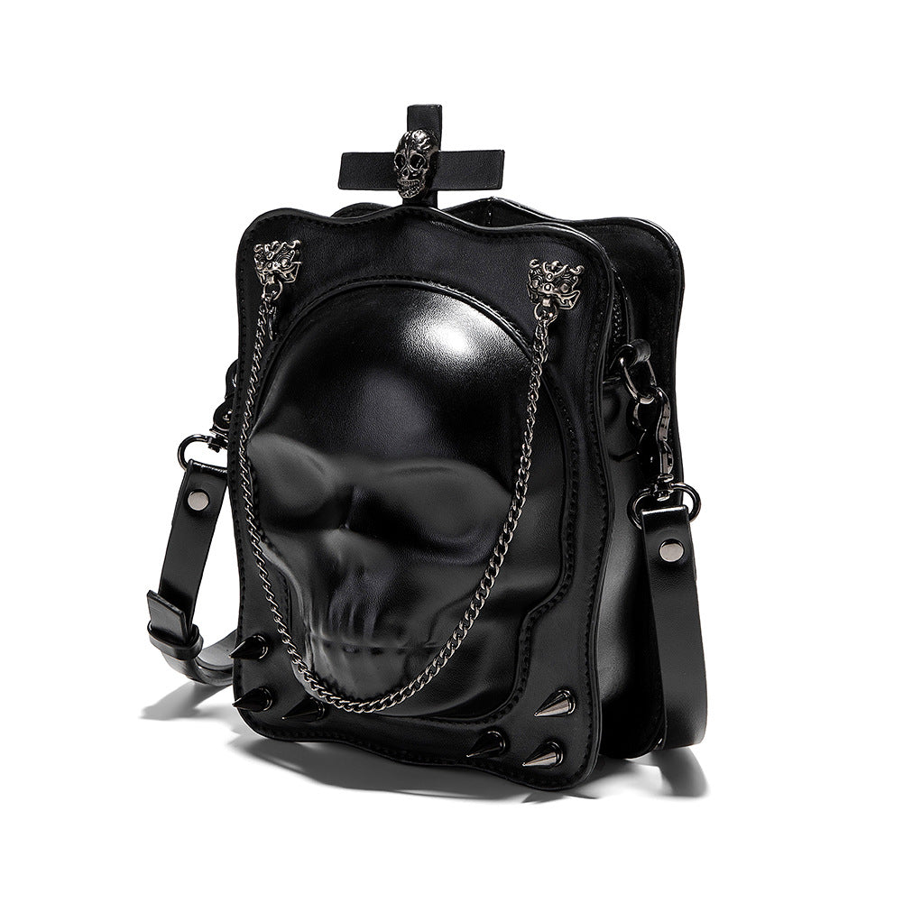 Black skull shoulder bag close up 3D embossing rivet detail goth accessories