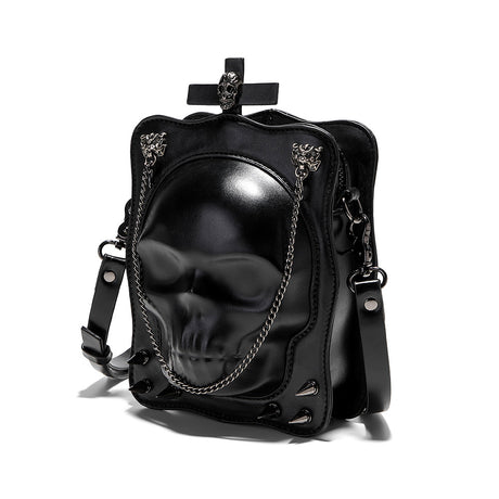 Black skull shoulder bag close up 3D embossing rivet detail goth accessories