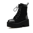 Black suede gothic platform combat boot women patent toe cap silver eyelets chunky sole Alternative Darkwear