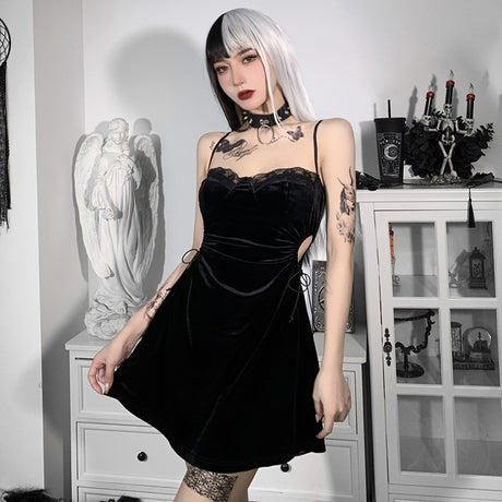 Black velvet gothic mini dress women sweetheart lace bust spaghetti strap front view Alternative Darkwear