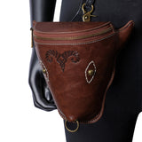 Brown leather Viking belt coin purse holster styled on mannequin rivet emboss industrial goth Alternative Fashion