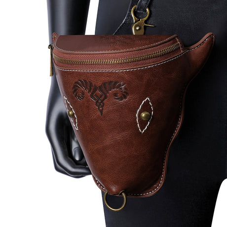 Brown leather Viking belt coin purse holster styled on mannequin rivet emboss industrial goth Alternative Fashion
